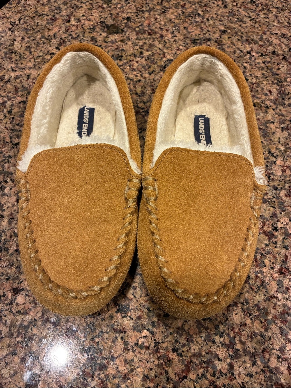 Lands' End Kids Chestnut Suede Fleece-Lined Moccasin Slippers 3 Youth